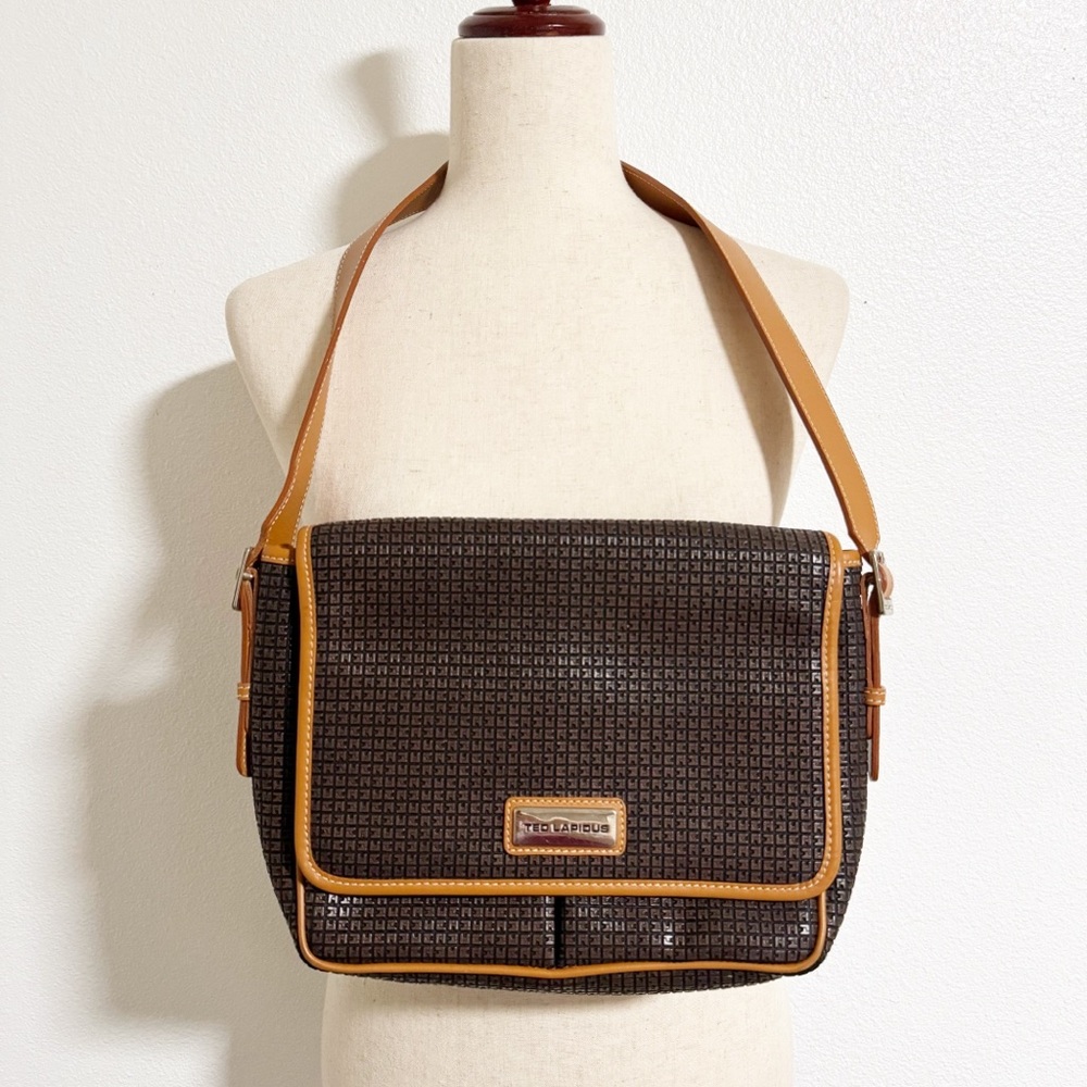 Vintage Ted Lapidus Embossed Monogram Leather Shoulder Bag